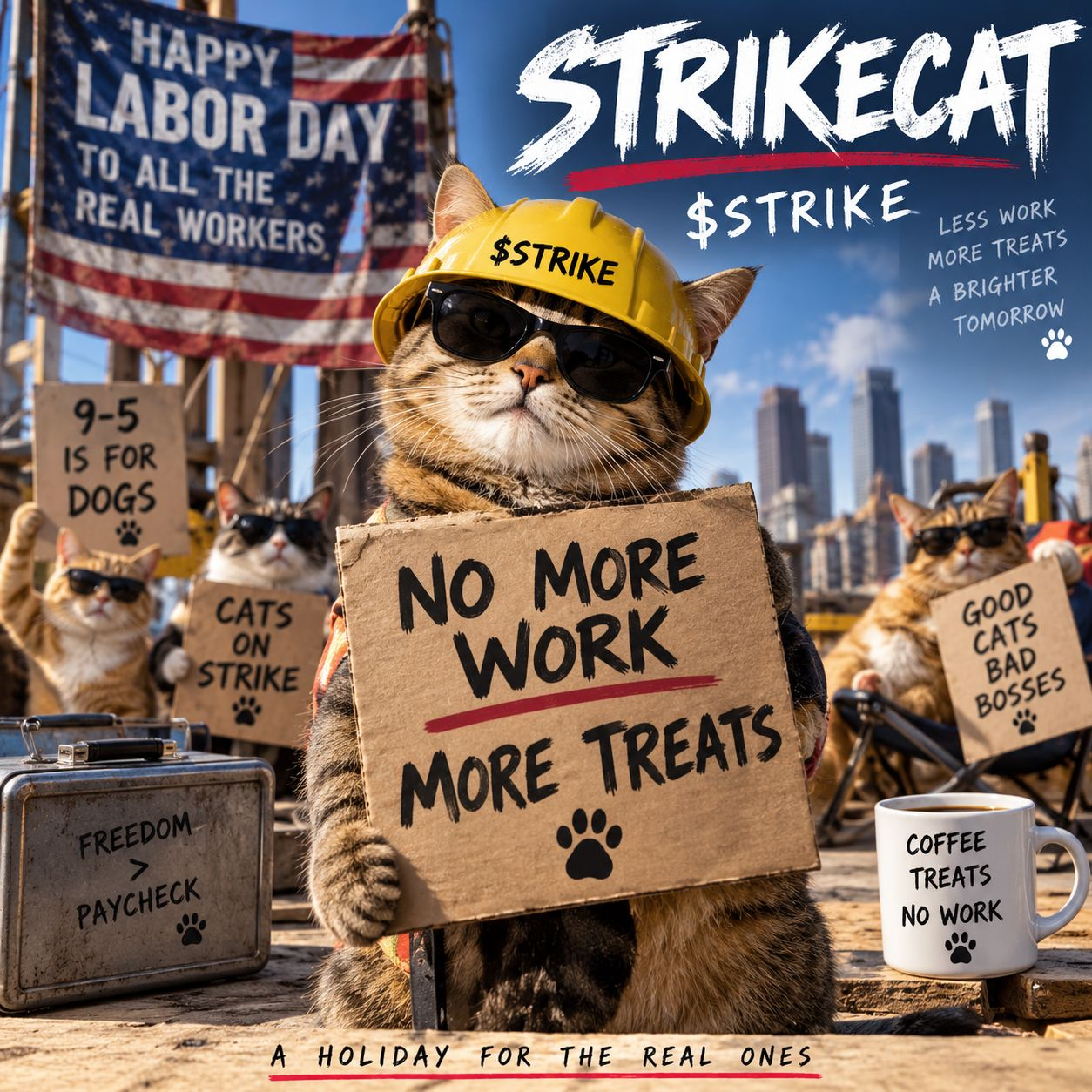 Strike Cat in a hard hat and sunglasses leading a cat picket line